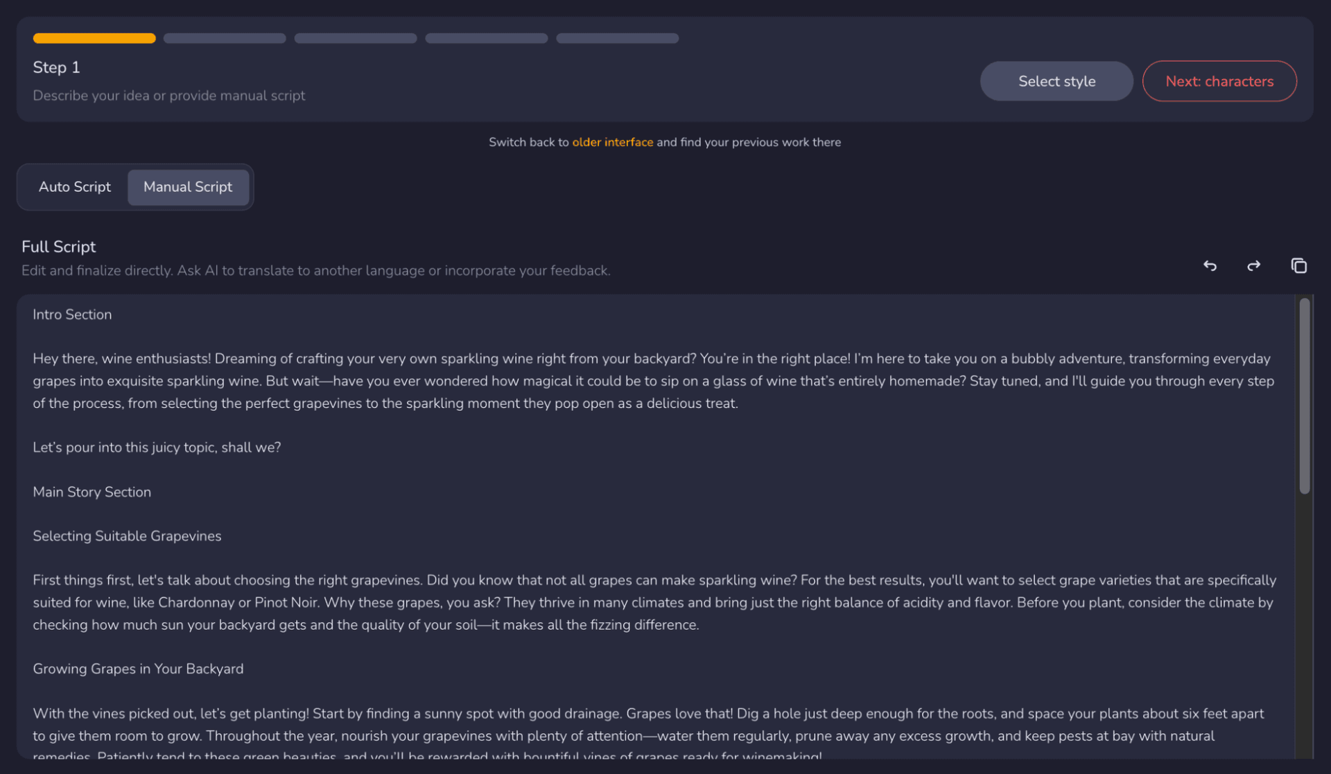Step 1 storyboard setup