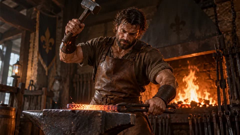 A blacksmith raising a hammer over an anvil in front of a forge