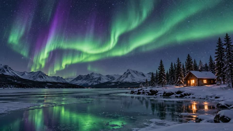 Northern lights over a frozen lake