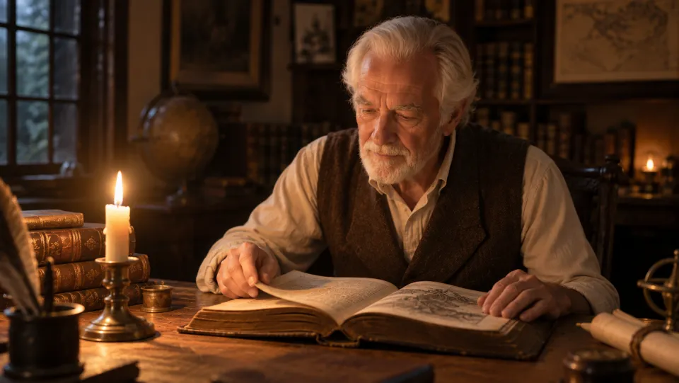 An old man reading a book by candlelight