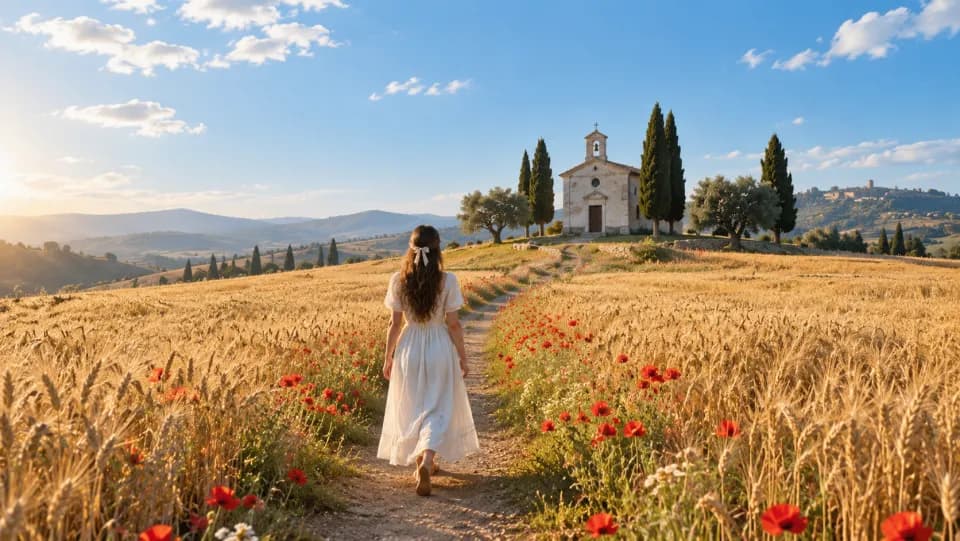 A woman on a path through a wheat field toward a chapel