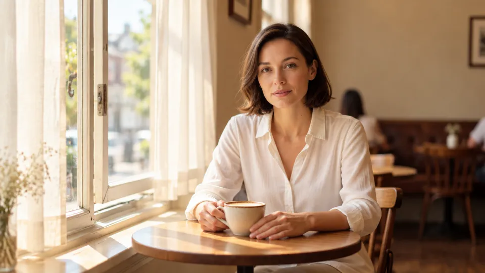 A woman sitting at a café table with a cup by the window